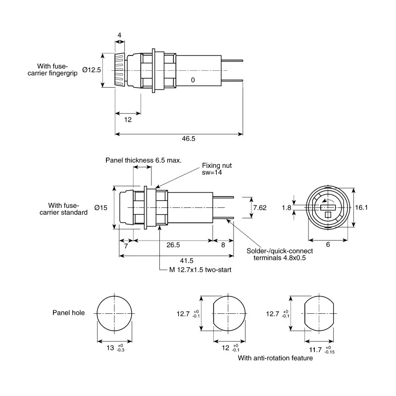 Schurter 16A Panel Mount Fuse Holder, 1P-Pole for 5 x 20 mm Fuses, 250V AC 3101.0015