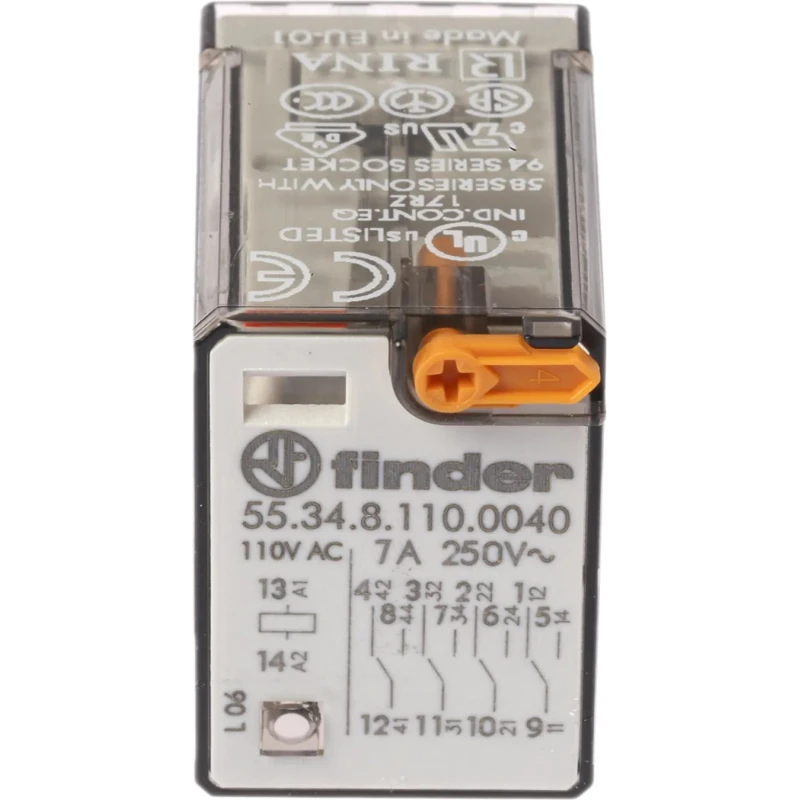 Finder Power Relay 110V AC Coil 7A Switching Current 4PDT Contact Configuration Model 55.34.8.110.0040