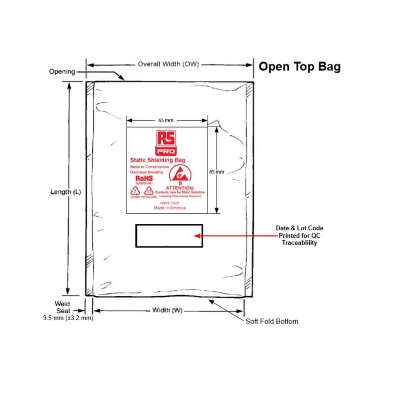 RS PRO Anti-Static Static Shielding Bag Black 355mm Width x 405mm Height Open Top 100 Pack 190-8423
