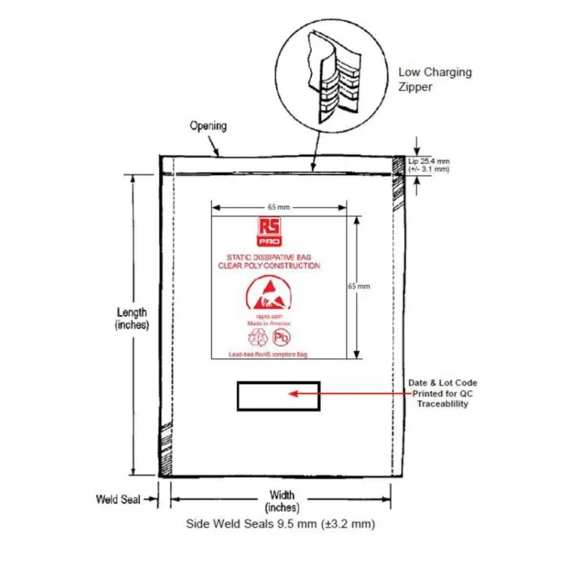 RS PRO Anti-Static Bag 76mm(W) x 127mm Clear Zipper Static Shielding Bag 190-8426