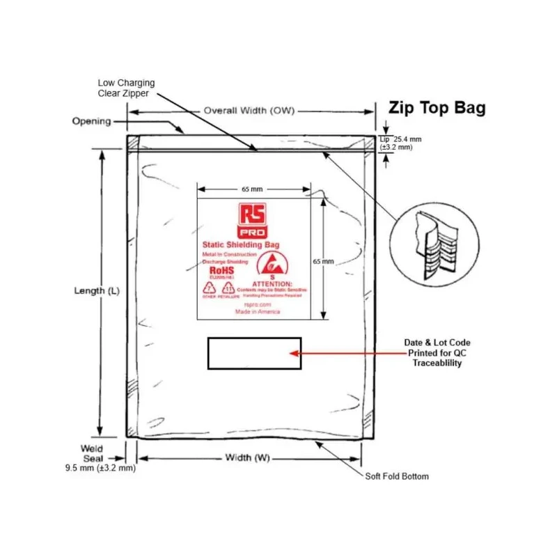 RS PRO Anti-Static Static Shielding Bag Black 50mm Width x 75mm Height with Zipper Closure 190-8430