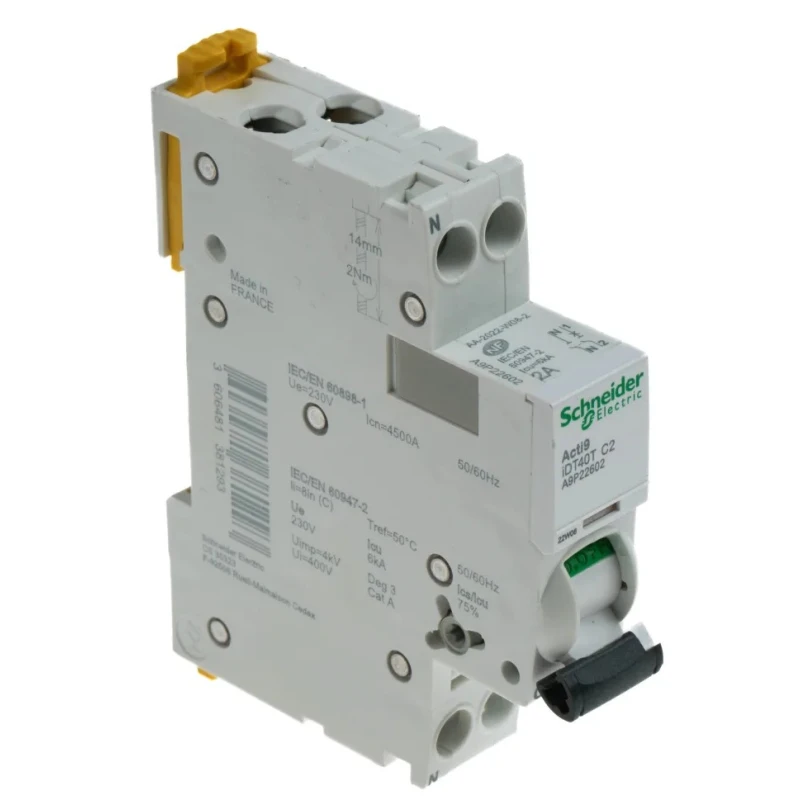 Schneider Electric Acti9 iDT40T Miniature Circuit Breaker, 1-Pole, 2A Current, Type C, 230V AC, 6kA Breaking A9P22602