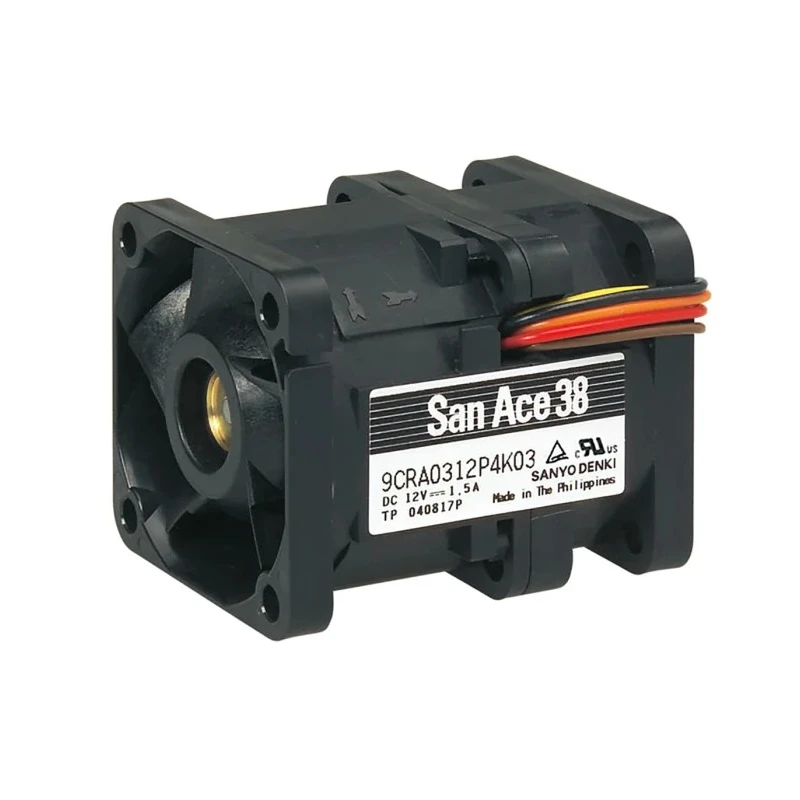Sanyo Denki 9CRA Series Axial Fan, 12V DC, 27.2 CFM, 18 W, 1.5 A, Ball Bearing, Square Frame 38 mm 9CRA0312P4K03