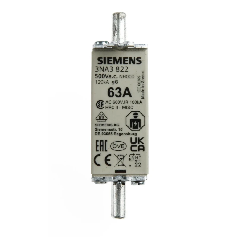 Siemens NH Fuse 63A NH000 500V AC High Rupture Capacity gG Blade Tag Fuse 