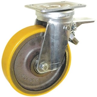Guitel Hervieu Braked Swivel Castor, 900 kg Capacity, 200 mm Wheel Diameter, Polyurethane Wheel, Bright Zinc Plated 14017954