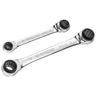 Facom 2-Piece 4-in-1 Double Box-End Ratchet Spanner Set, 8 to 19 mm, Steel, Satin Chrome Finish 64C.J2PB
