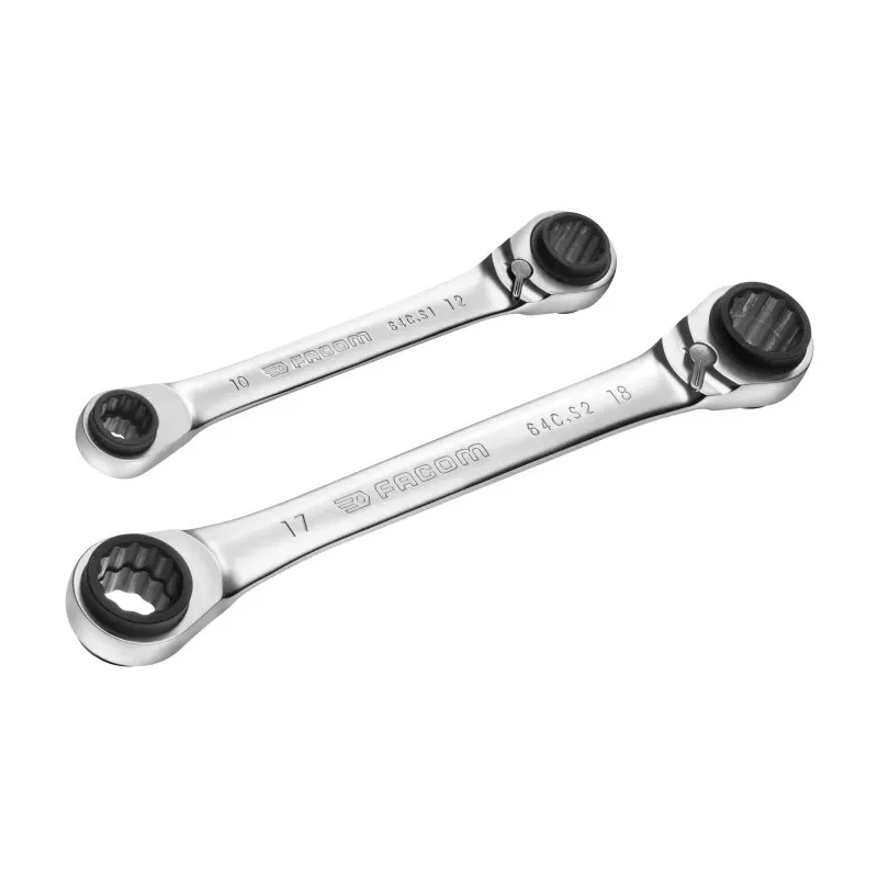 Facom 2-Piece 4-in-1 Double Box-End Ratchet Spanner Set, 8 to 19 mm, Steel, Satin Chrome Finish 64C.J2PB