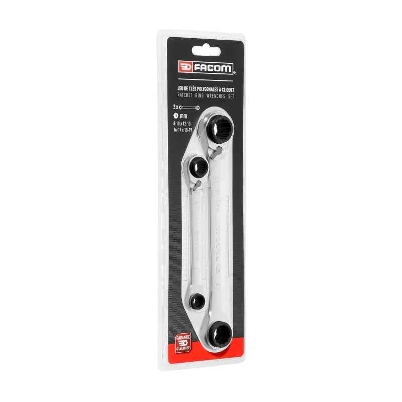 Facom 2-Piece 4-in-1 Double Box-End Ratchet Spanner Set, 8 to 19 mm, Steel, Satin Chrome Finish 64C.J2PB