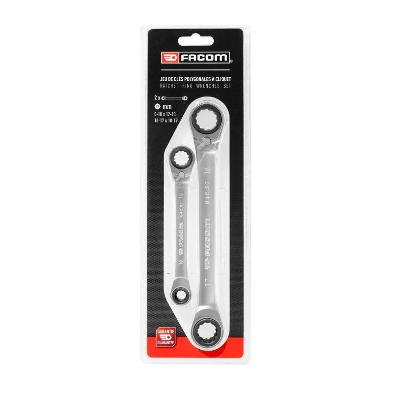 Facom 2-Piece 4-in-1 Double Box-End Ratchet Spanner Set, 8 to 19 mm, Steel, Satin Chrome Finish 64C.J2PB