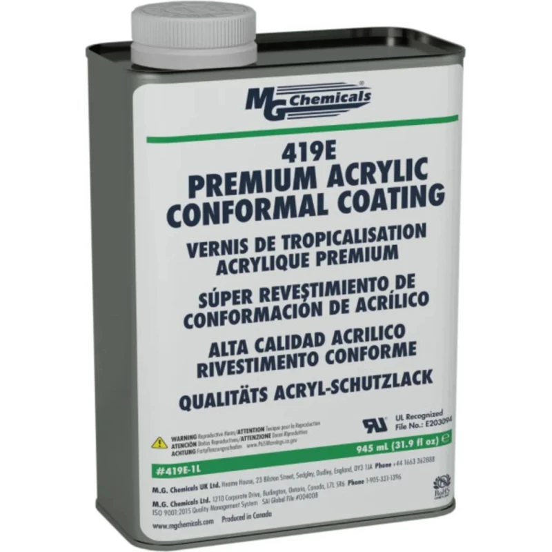MG Chemicals Clear Acrylic Conformal Coating 945 ml Tin, UL 746E Certified, Temperature Range -65°C to 130°C 419E-1L