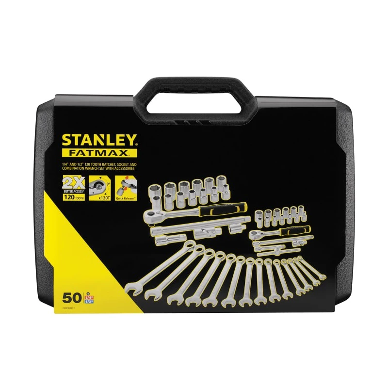 Stanley 50-Piece 1/2 in, 1/4 in 6 Point Socket Set Chrome Finish Bi-Material Handles FMMT82827-1