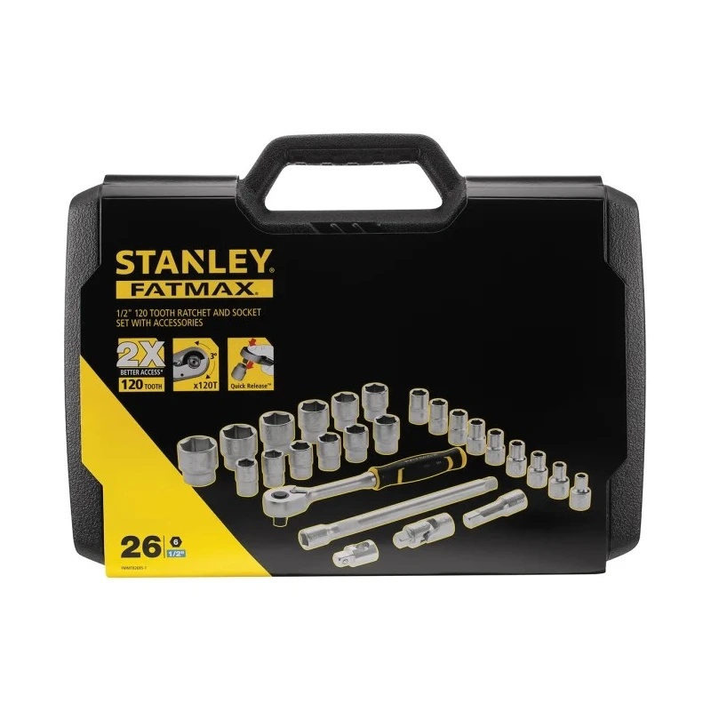 Stanley 26-Piece 1/2 in Drive 6 Point Socket Set Satin Chrome Finish Bi-Material FMMT82685-1