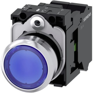 Siemens SIRIUS ACT Illuminated Push Button Complete Unit, Plate Mount, 22 mm Cutout, Blue, SPST, IP66 3SU1152-0AB50-3BA0