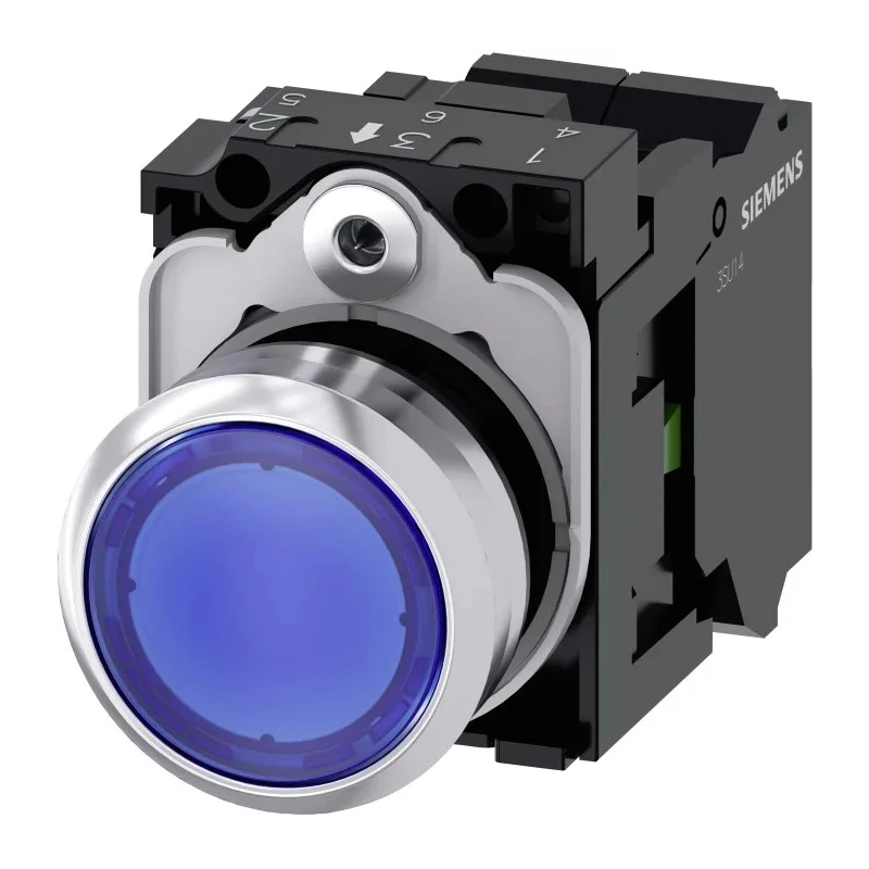 Siemens SIRIUS ACT Illuminated Push Button Complete Unit, Plate Mount, 22 mm Cutout, Blue, SPST, IP66 3SU1152-0AB50-3BA0