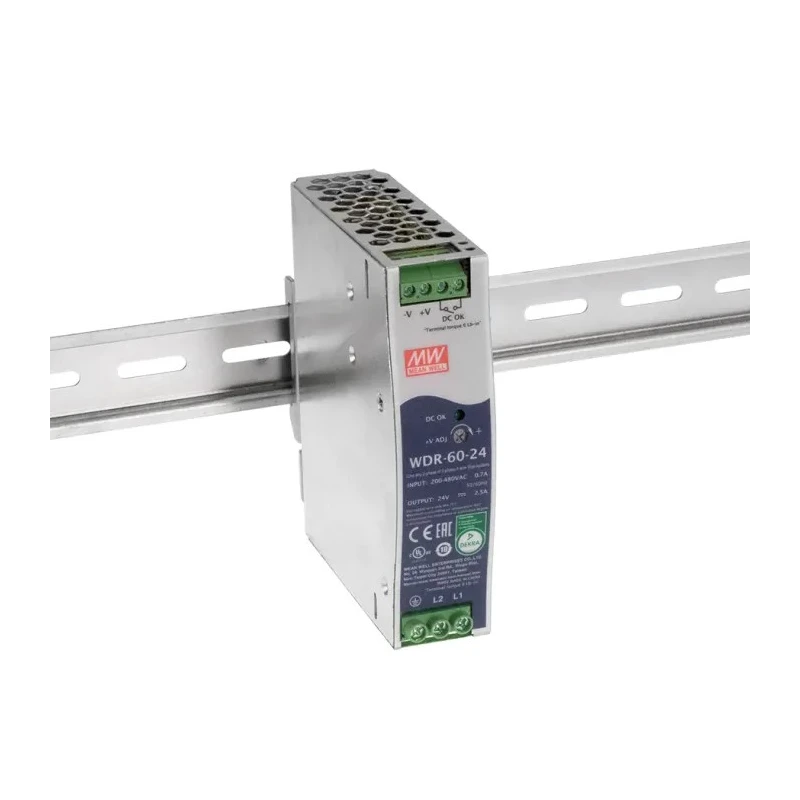 MEAN WELL WDR-60 Switched Mode DIN Rail Power Supply 780 V dc, 550V ac AC/DC Input, 57V dc, 10 A Output, 60 W WDR-60-5