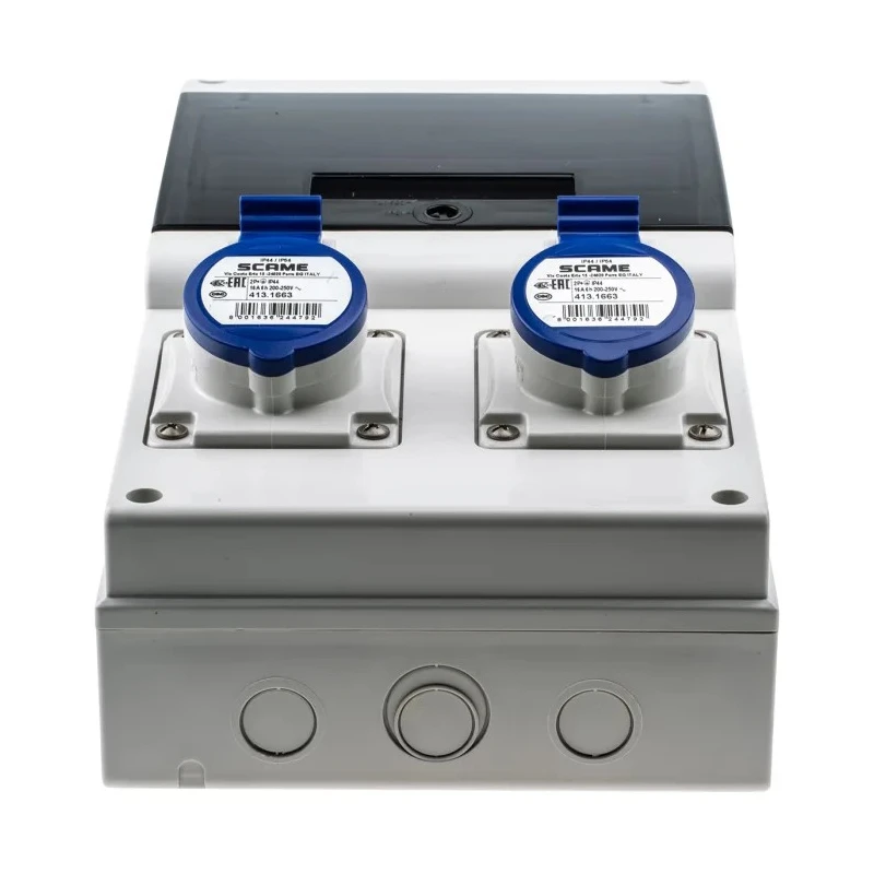 Scame DOMINO IP44 Blue Wall Mount 2P+PE Angled Residual Current Device 16A 230V IP44