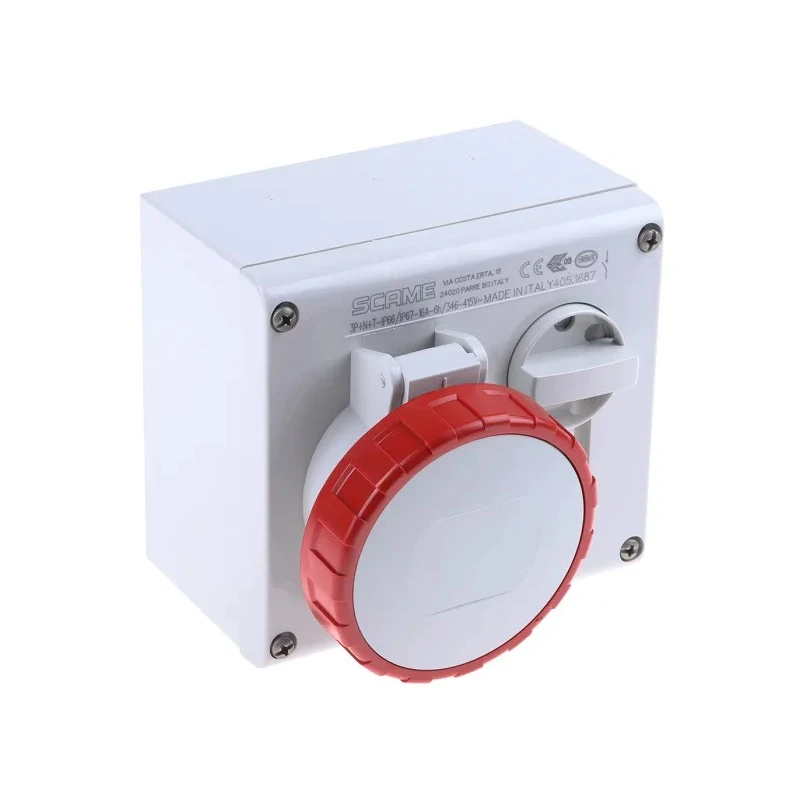 Scame Socket Switchable Industrial Interlock 3+N+E Pole IP67, IP66 Red Polymer Body Horizontal Earthing Position 6h 505.1687