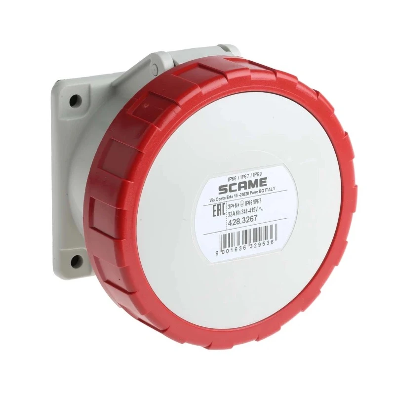Scame Rated At 32A 415V IP67 Red Panel Mount Industrial Power Connector 3P+PE Optima IP67