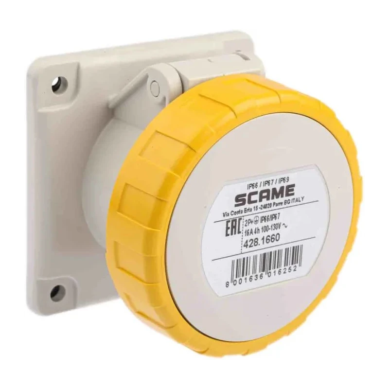 Scame Industrial Power Socket 2P+PE 16A 130V IP67 Plastic Grey Optima Series IP67
