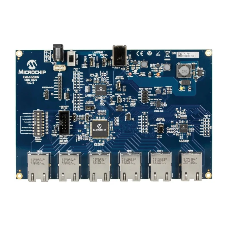 Microchip Gigabit Ethernet Switch Evaluation Board with KSZ9897R, KSZ9031RNX, LAN7801, 460 MHz EVB-KSZ9897-1