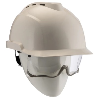 MSA Safety White Ventilated Adjustable Safety Helmet with Integrated Eye Shield GVC1A-0000000-000