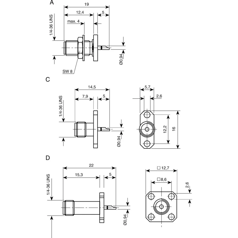 Telegartner SMA Series Coaxial Connector Flange Female SMA, 50 Ω, Straight Body Solder J01151A0149