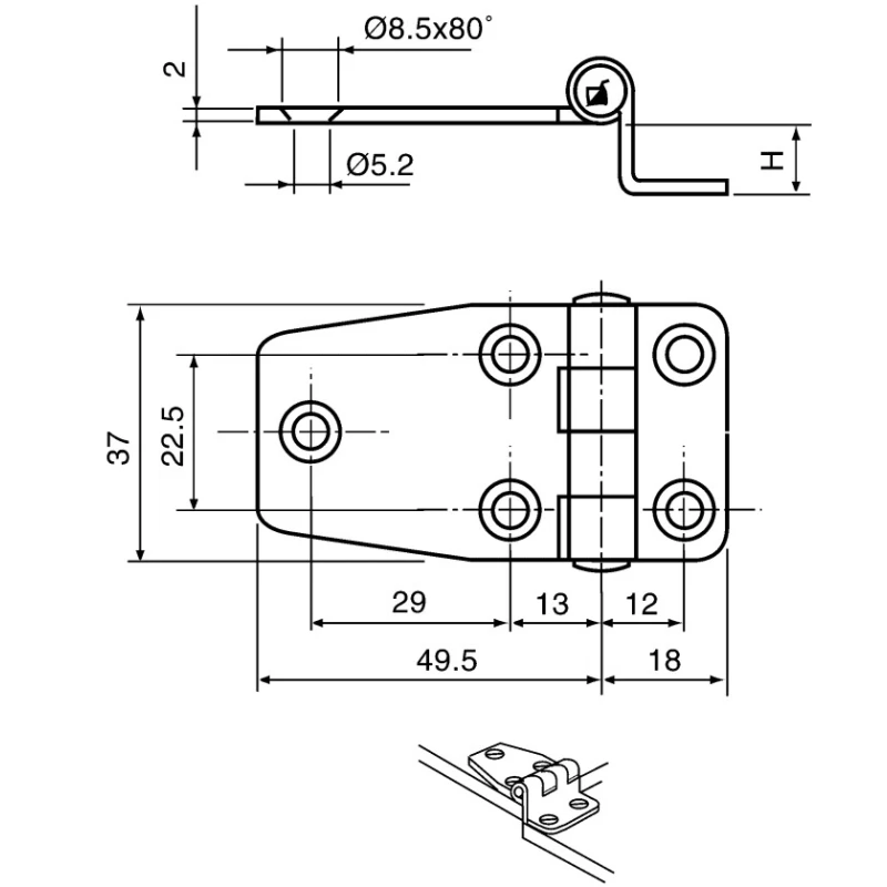ROCA Stainless Steel Hatch Hinge with Fixed Pin, Screw Fixing, 37 mm x 67.5 mm x 2 mm 44 15 71
