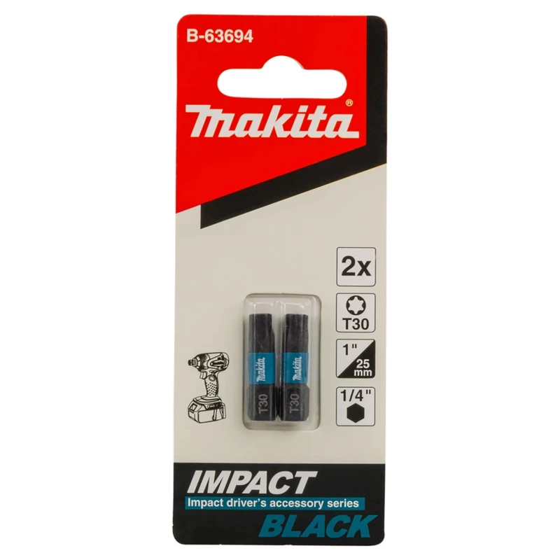 Makita Hex Screwdriver Bit 6.35 mm Drive Size T30 Head Type Magnetic 25 mm Overall Length B-63694