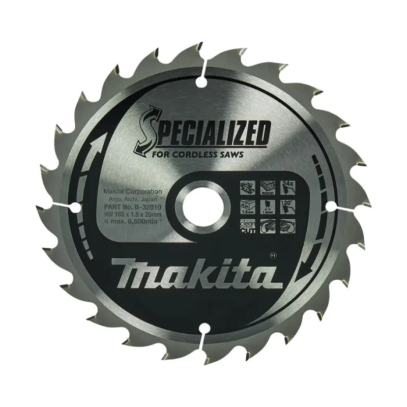 Makita Circular Saw Blade 165mm Diameter, 24 Teeth, Tungsten Carbide, 20mm Arbor Diameter B-32910