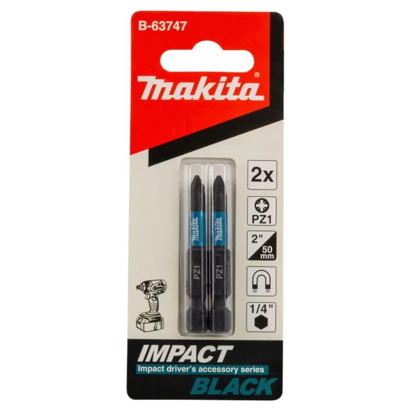 Makita Screwdriver Bit Hex Head PZ1 Size, 6.35 mm Drive, 50 mm Length, Magnetic Shank B-63747