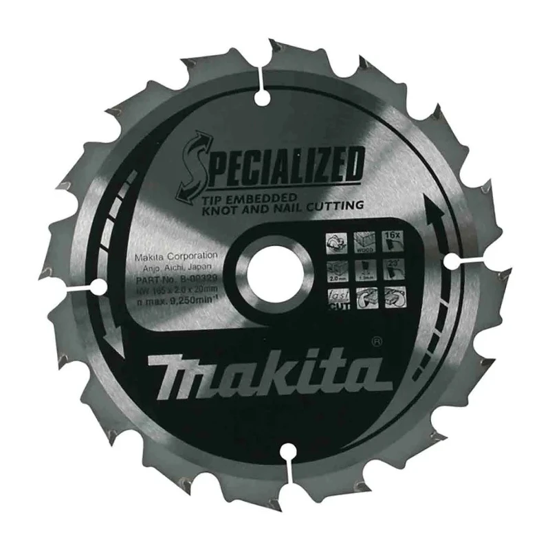 Makita Circular Saw Blade 165mm Diameter, 20mm Arbor Diameter, 16 Teeth, Tungsten Carbide B-33037