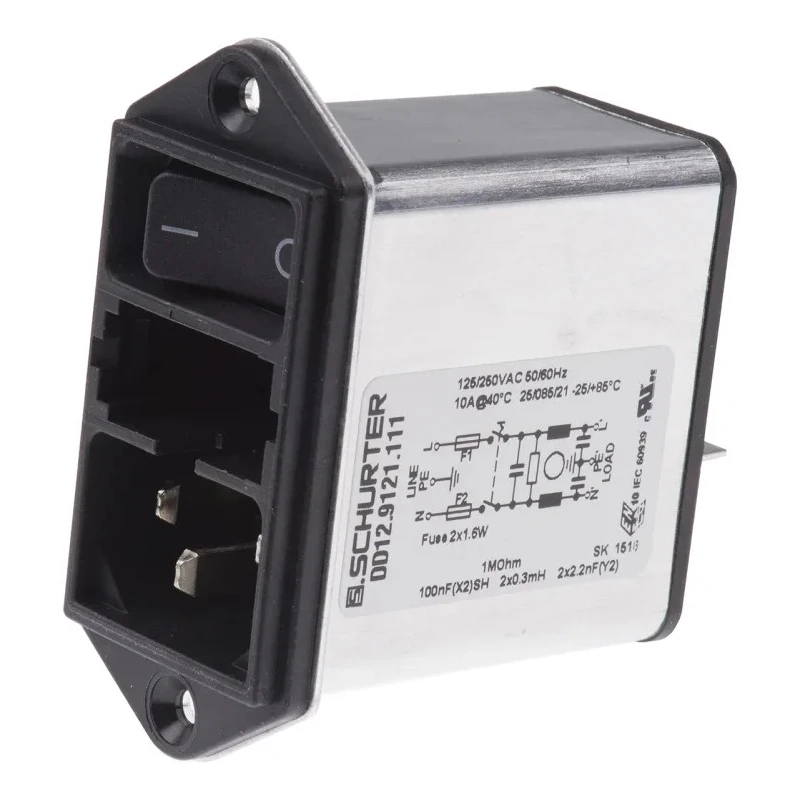 Schurter 250V AC 10A Panel Mount IEC Connector Male 2 Pole 2 Fuse Quick Connect DD12.9121.111