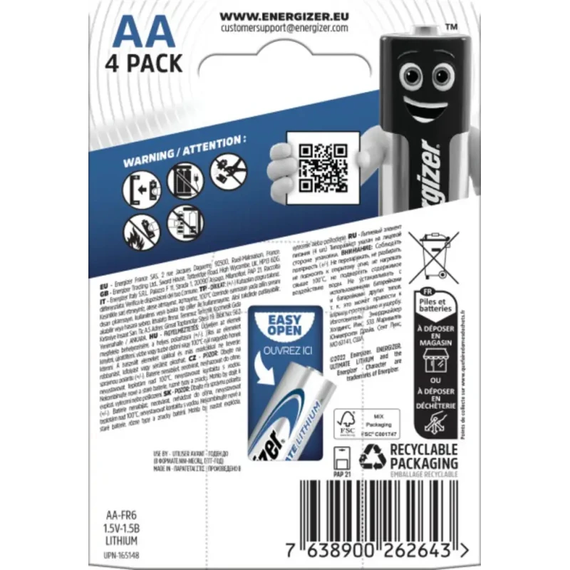 Energizer ULTIMATE Lithium Iron Disulphide AA Battery 1.5 V 3.1Ah 4-Pack 7638900262643