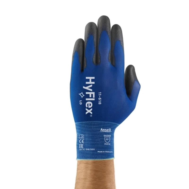 Ansell HyFlex 11-618 Blue Nylon Work Gloves Size 10 Polyurethane Coating 11618100