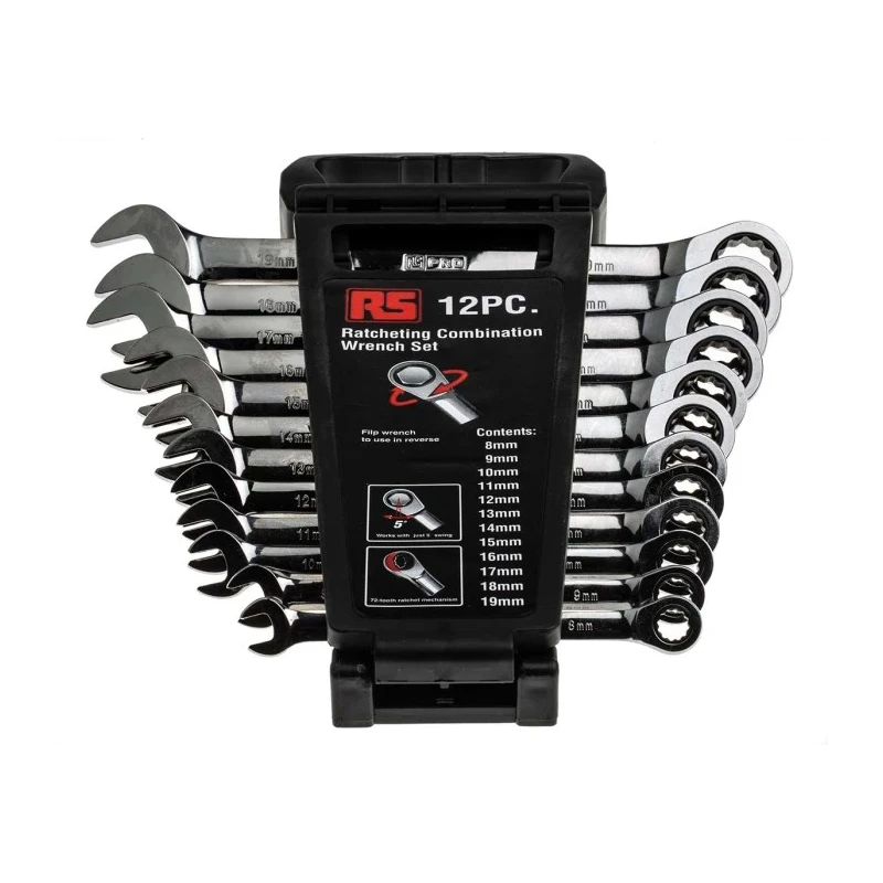 RS PRO 12-Piece Ratchet Spanner Set, 8 To 19 mm, Chrome Vanadium Steel 487-191