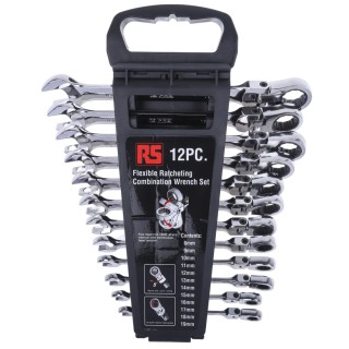 RS PRO 12-Piece Hinged Ratchet Combination Spanner Set 8 to 19 mm Chrome Vanadium Steel 487-268