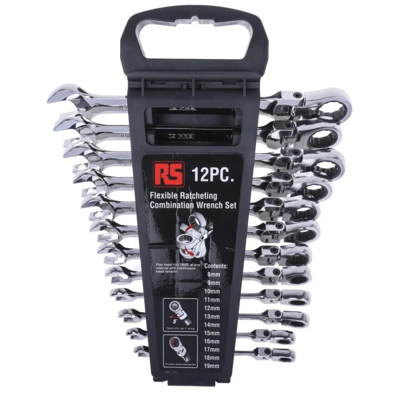 RS PRO 12-Piece Hinged Ratchet Combination Spanner Set 8 to 19 mm Chrome Vanadium Steel 487-268