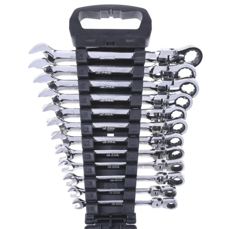 RS PRO 12-Piece Hinged Ratchet Combination Spanner Set 8 to 19 mm Chrome Vanadium Steel 487-268