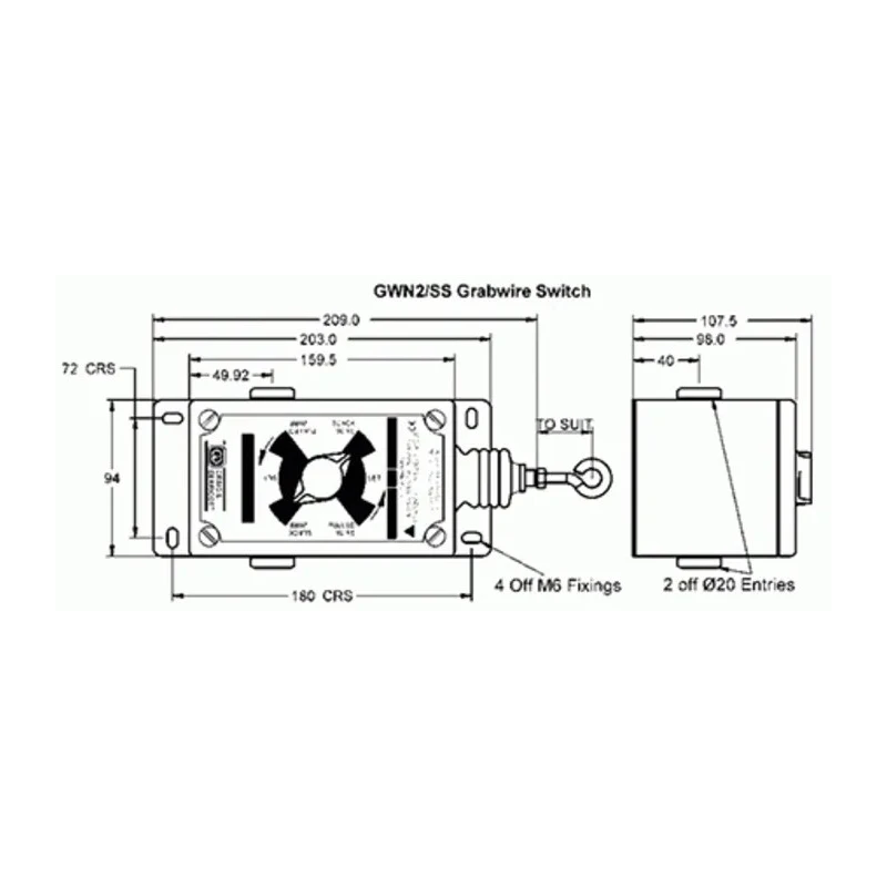 Craig & Derricott GWN Rope Pull Switch 209 mm, Straight, 2 NO/2 NC, Stainless Steel, IP65, 16A Contact Current GWN2/SS