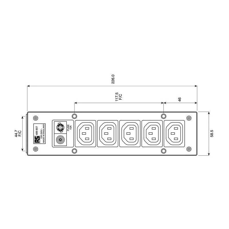 Bulgin 10A 250V AC 5 Gang Socket Bar 2m Cable IEC C13 Fused PXD301/050/01/1