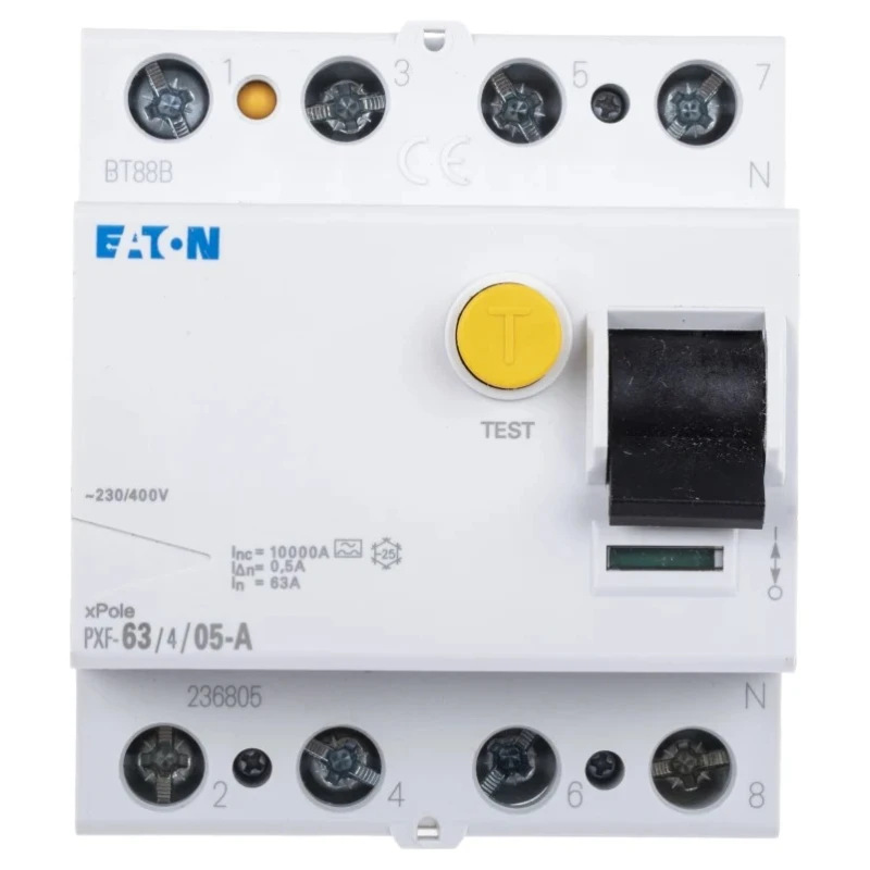 Eaton PXF-A Series Residual Current Circuit Breaker 63A 3+N-Pole 500 mA Type A 630A Breaking Capacity 236805 PXF-63/4/05-A