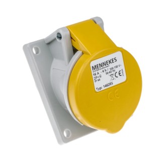 MENNEKES Panel Mount Industrial Power Connector, Rated at 16A, 110V, IP44 Yellow, 2P+PE, Series 7313 IP44