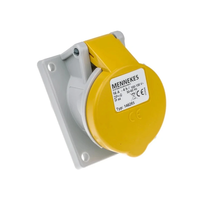 MENNEKES Panel Mount Industrial Power Connector, Rated at 16A, 110V, IP44 Yellow, 2P+PE, Series 7313 IP44