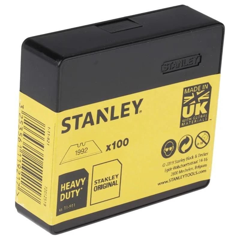 Stanley Flat Safety Knife Blade Heavy Duty 62mm Length 0.61mm Thickness 100 Pieces 1-11-921