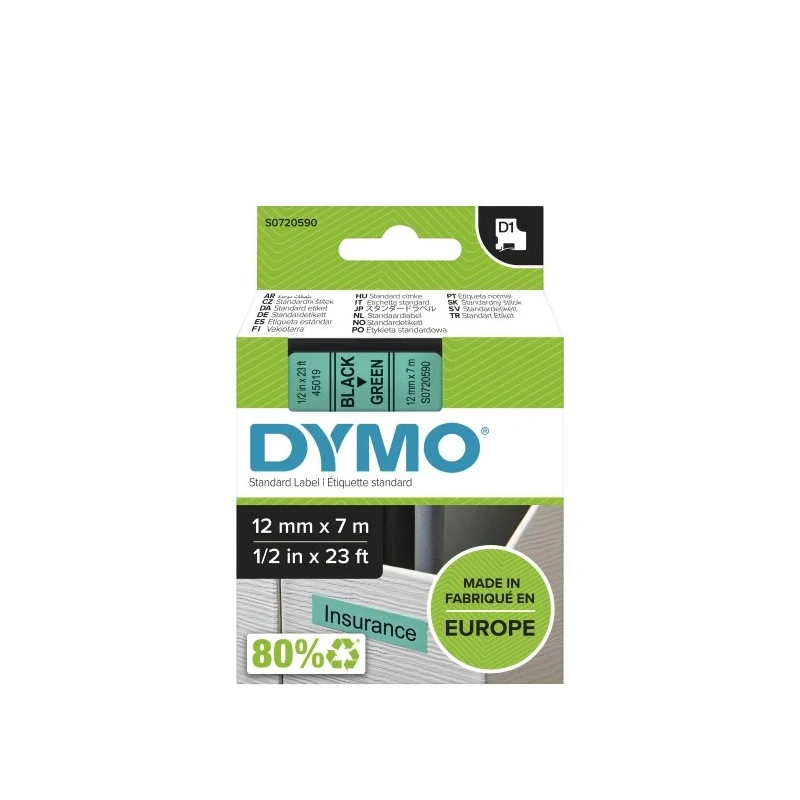 Dymo Black on Green Label Printer Tape 12 mm Width, 7 m Length S0720590