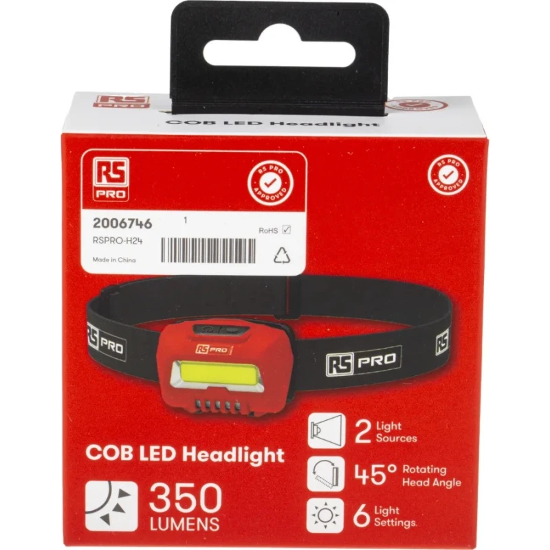 RS PRO COB LED Head Torch 350 lm 22 m 3 x AAA Batteries Polycarbonate Housing Adjustable Beam 200-6746