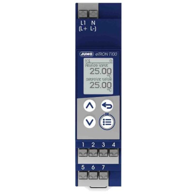 Jumo eTRON T100 DIN Rail On-Off Temperature Controller 1 Input, 1 Output Relay 230V 701052/8-01-02-01/000