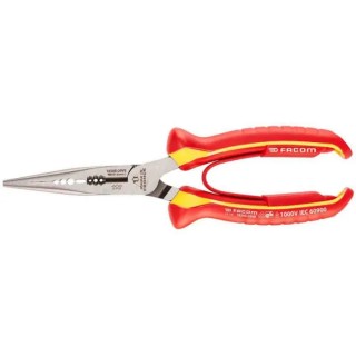 Facom 1-Piece Long Nose Plier Smooth, 200mm Overall Length, Comfort Grip Handle, VDE/1000V Approved 183AE.20VE