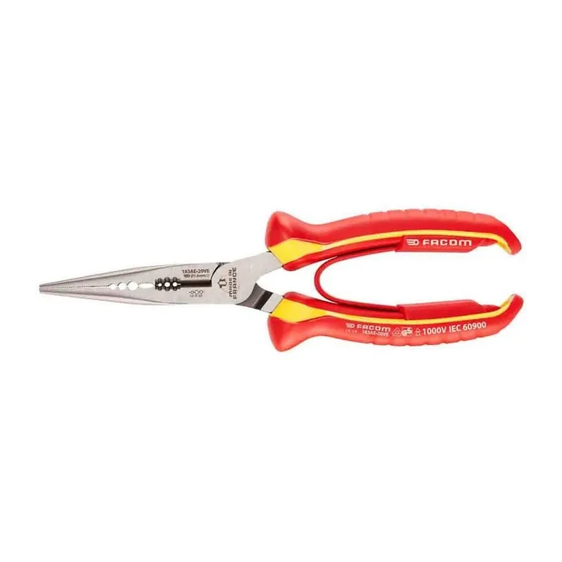 Facom 1-Piece Long Nose Plier Smooth, 200mm Overall Length, Comfort Grip Handle, VDE/1000V Approved 183AE.20VE