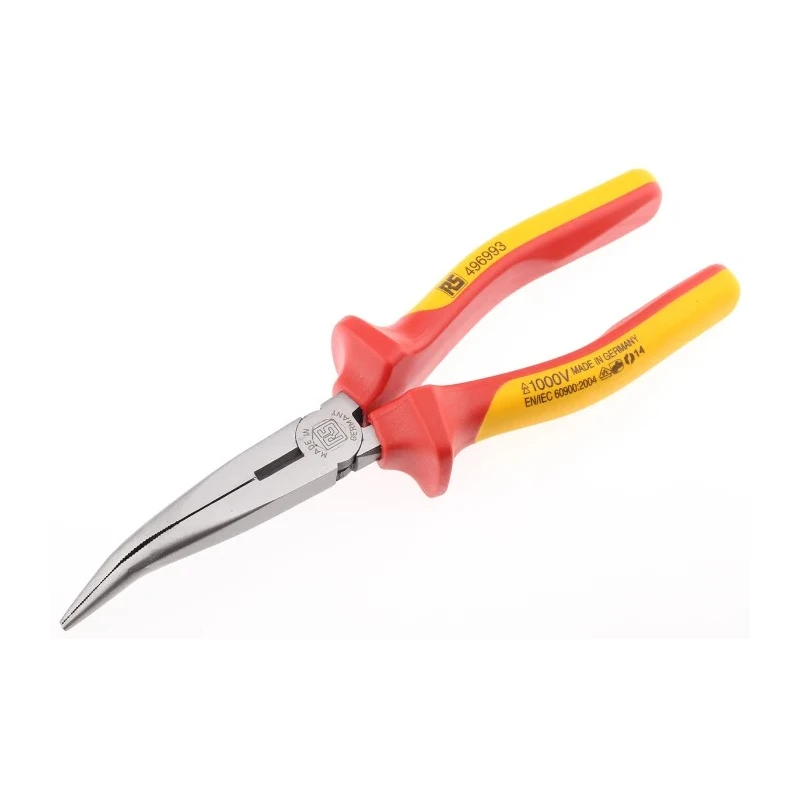 RS PRO 1-Piece Bent Nose Long Nose Plier Smooth Steel Dual Component Handle VDE 1000V Approved 200mm 496-993
